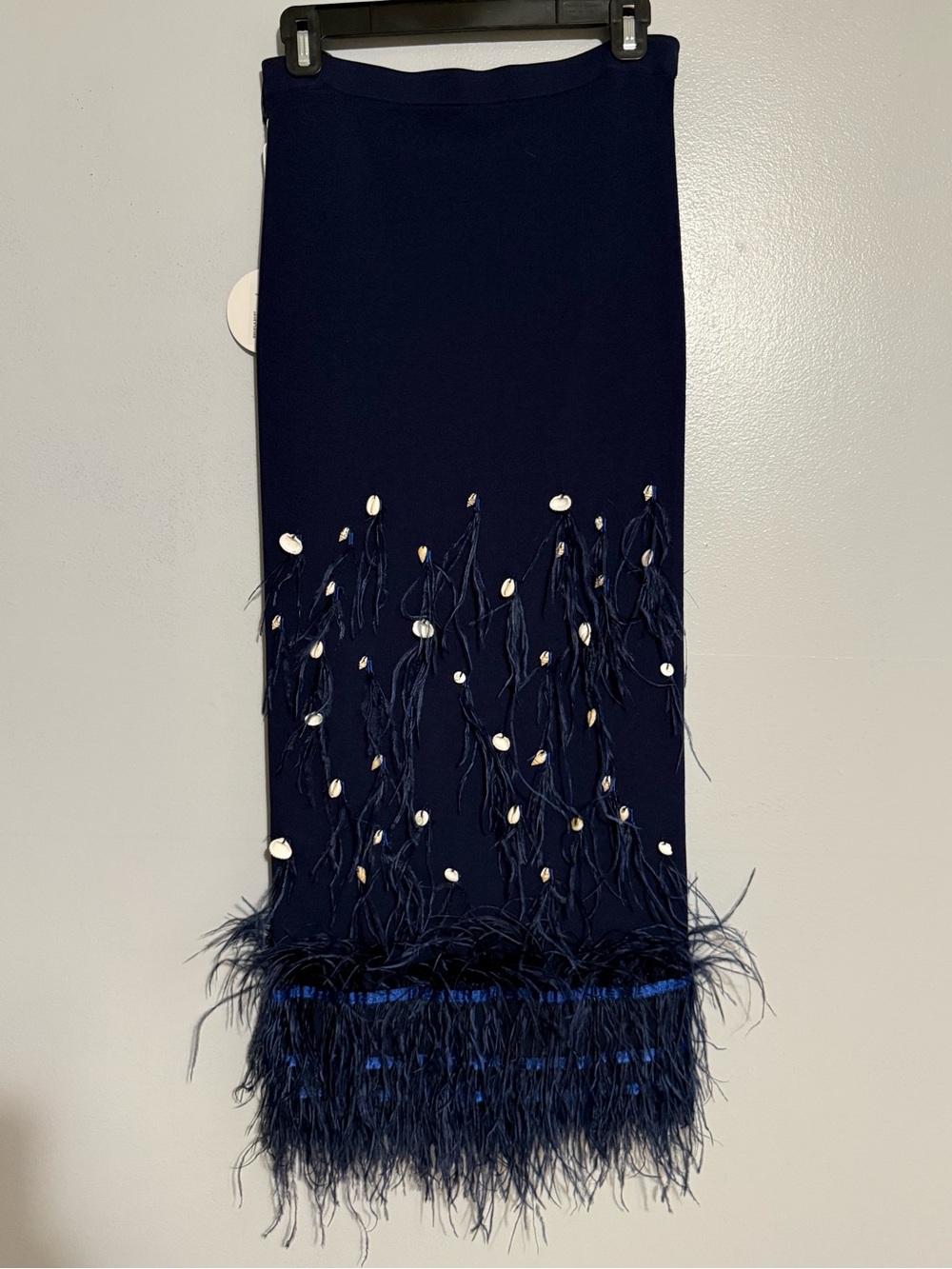 STAUD Navy Feather-Trim Midi Skirt with Shell Embellishments